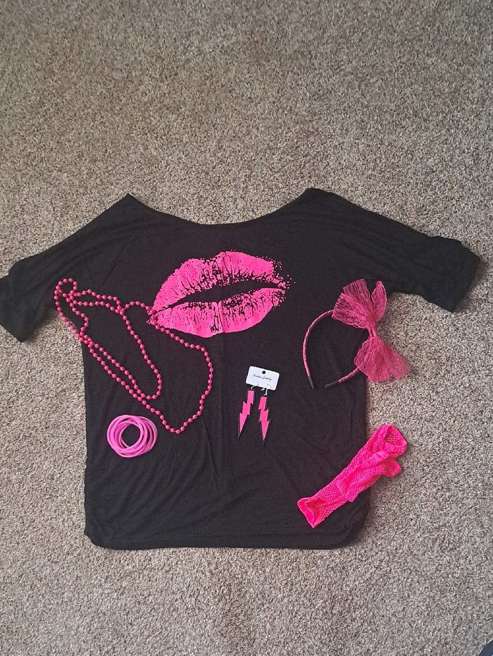 80s Night Womens Off The Shoulder Black Shirt With Hot Pink Lips